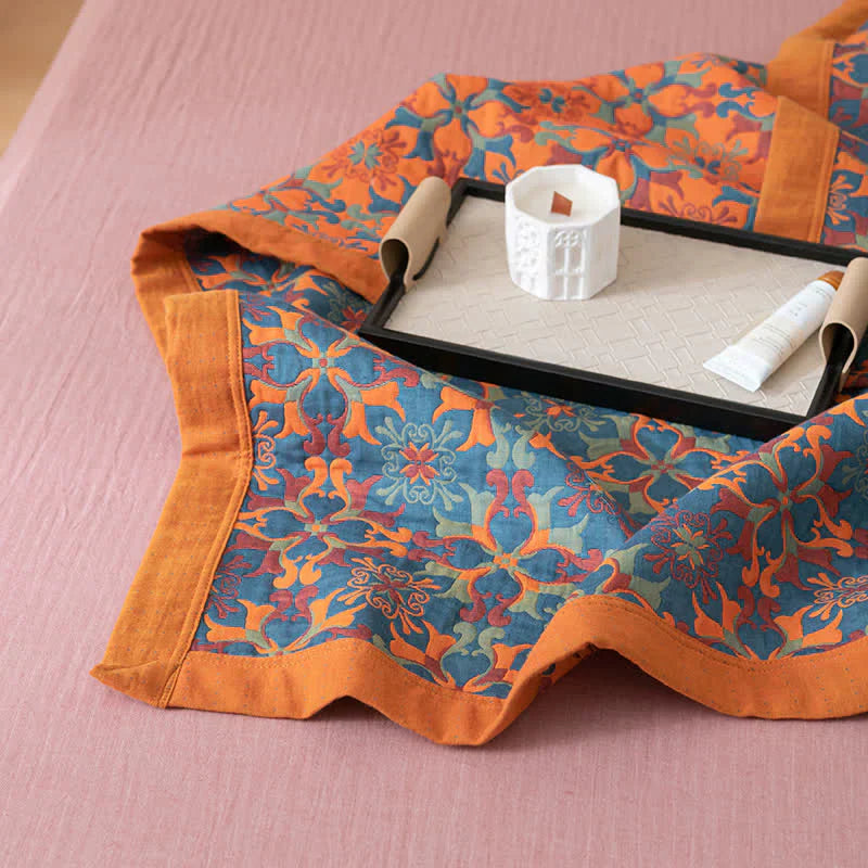 Herfstachtige Deken met Oranje en Blauw Patroon - Zeslaags Katoen