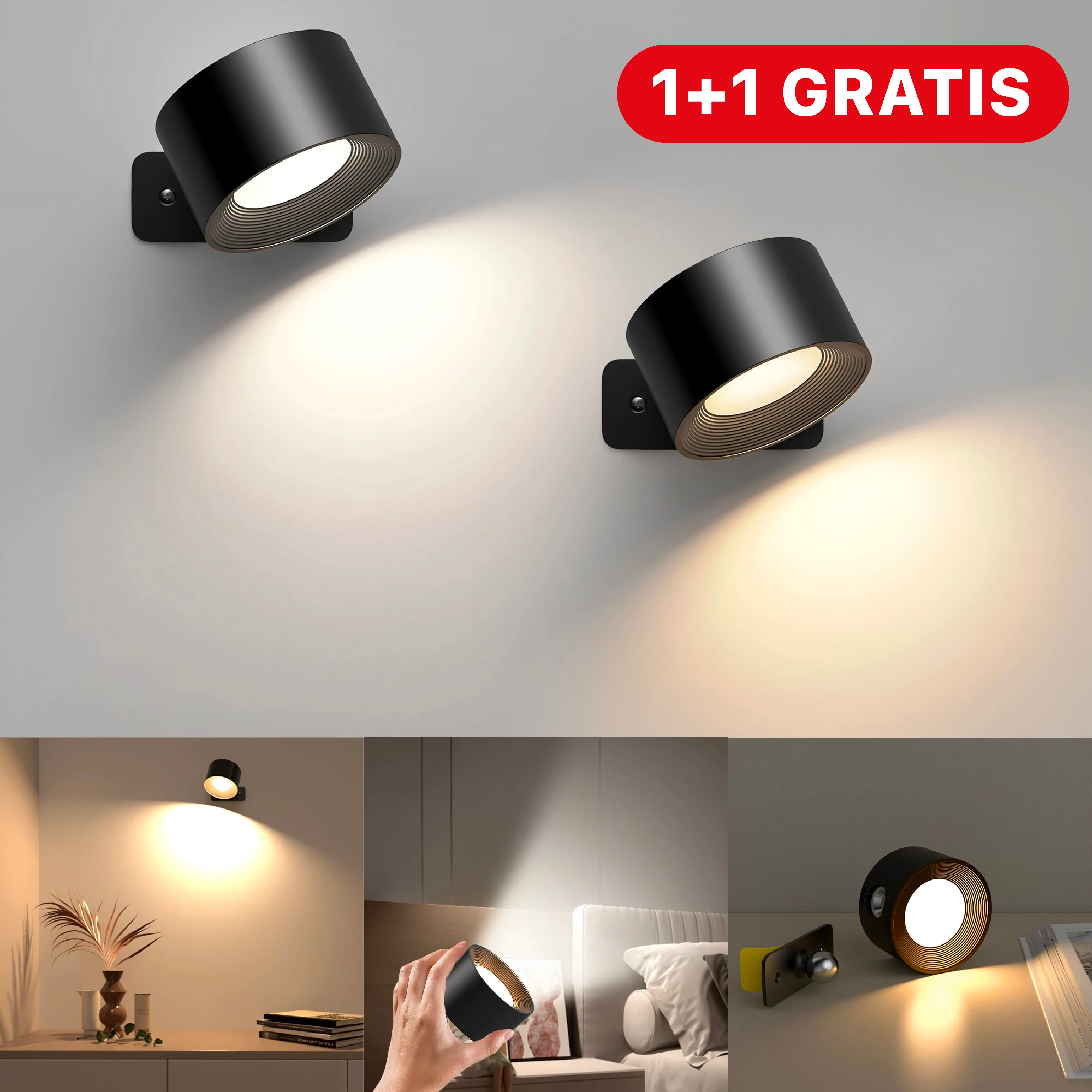 Luminova 360° - Draadloze LED-Wandlamp (1 + 1 Gratis) - Oplaadbaar en Draaibaar