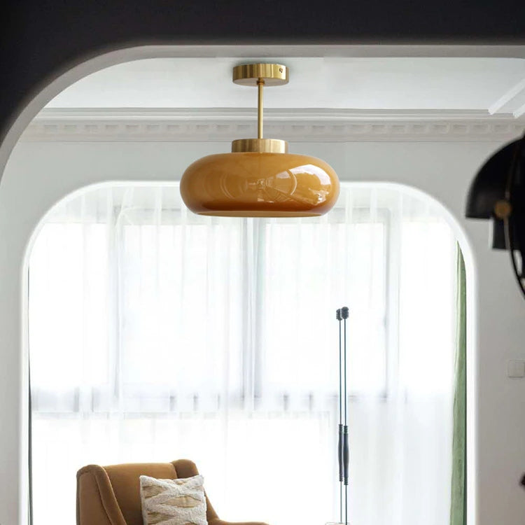 Vintage Plafondlamp – 28cm Semi-Plafondlamp met Oranje Glazen Koepel – Retro Stijl voor Woonkamer, Keuken & Hal