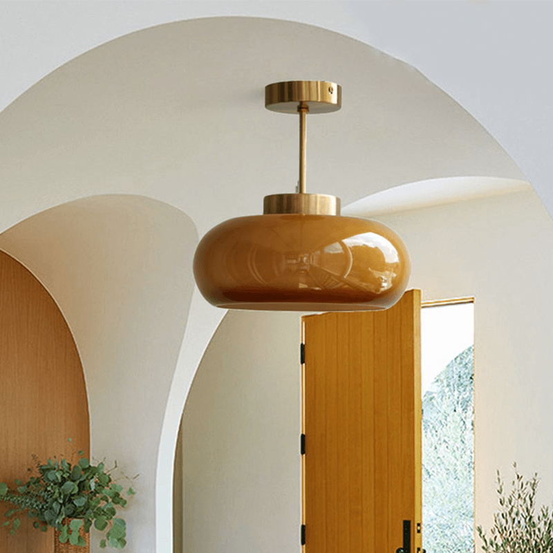 Vintage Plafondlamp – 28cm Semi-Plafondlamp met Oranje Glazen Koepel – Retro Stijl voor Woonkamer, Keuken & Hal