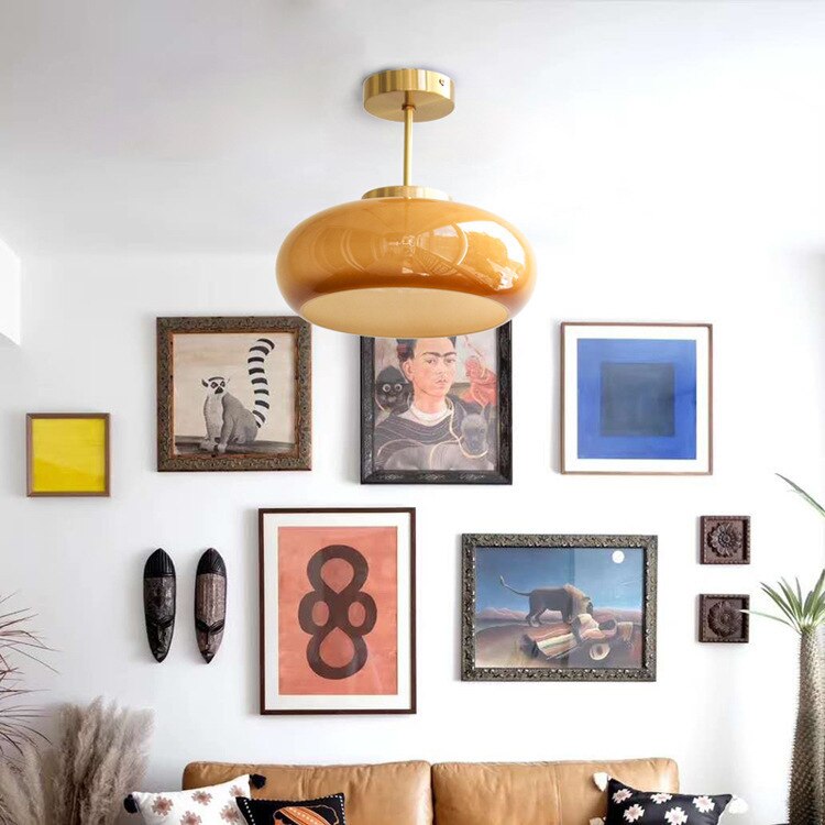 Vintage Plafondlamp – 28cm Semi-Plafondlamp met Oranje Glazen Koepel – Retro Stijl voor Woonkamer, Keuken & Hal