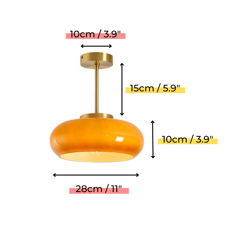 Vintage Plafondlamp – 28cm Semi-Plafondlamp met Oranje Glazen Koepel – Retro Stijl voor Woonkamer, Keuken & Hal