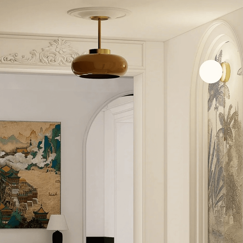 Vintage Plafondlamp – 28cm Semi-Plafondlamp met Oranje Glazen Koepel – Retro Stijl voor Woonkamer, Keuken & Hal