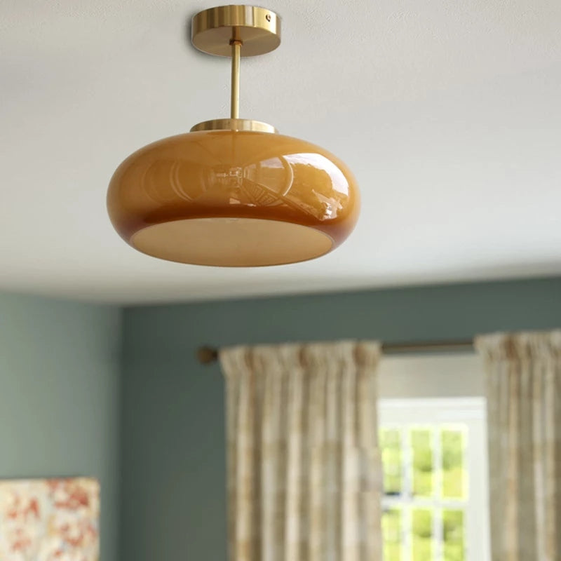 Vintage Plafondlamp – 28cm Semi-Plafondlamp met Oranje Glazen Koepel – Retro Stijl voor Woonkamer, Keuken & Hal