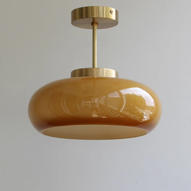 Vintage Plafondlamp – 28cm Semi-Plafondlamp met Oranje Glazen Koepel – Retro Stijl voor Woonkamer, Keuken & Hal