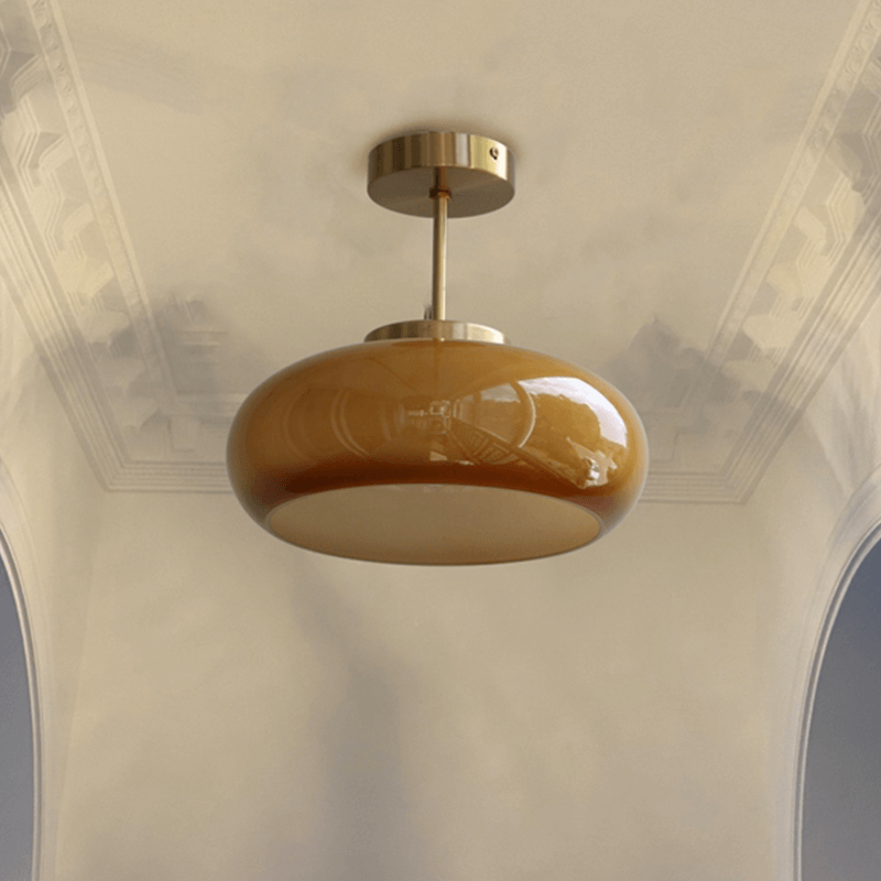Vintage Plafondlamp – 28cm Semi-Plafondlamp met Oranje Glazen Koepel – Retro Stijl voor Woonkamer, Keuken & Hal