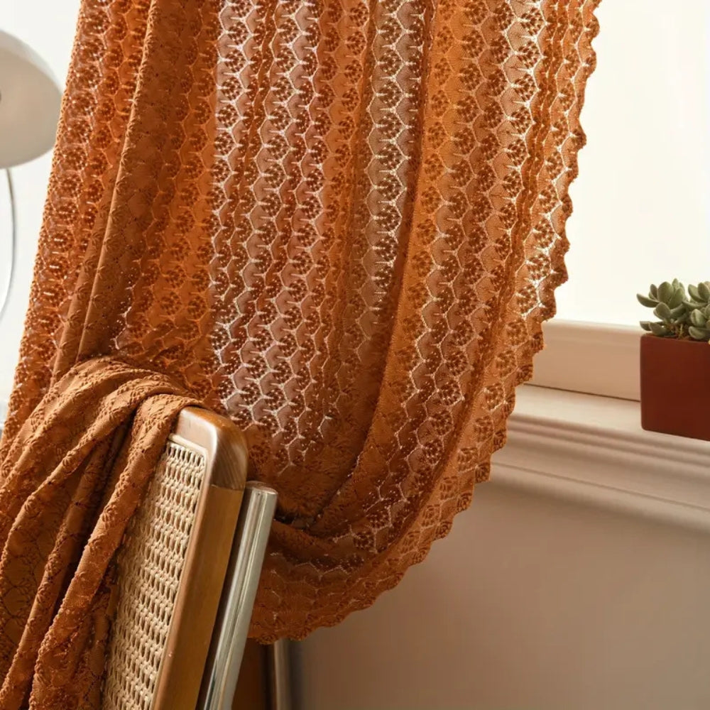 Boho Gehaakte Gordijnpaneel – Amber Oranje Lichtdoorlatend Voor Woonkamer & Slaapkamer