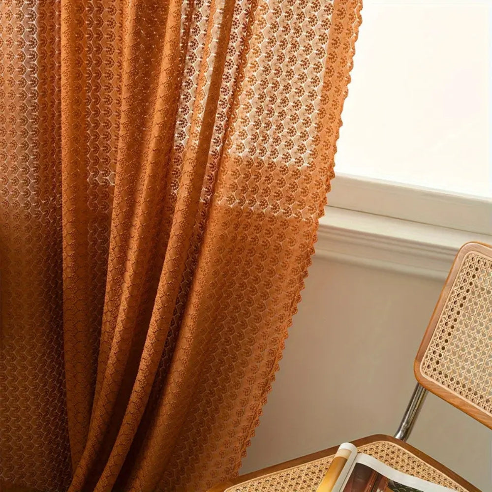 Boho Gehaakte Gordijnpaneel – Amber Oranje Lichtdoorlatend Voor Woonkamer & Slaapkamer