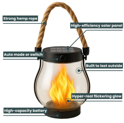 Virella Living Fire Seed Solar Flame Light waterproof outdoor lantern with realistic flickering flame effect for garden patio and balcony décor