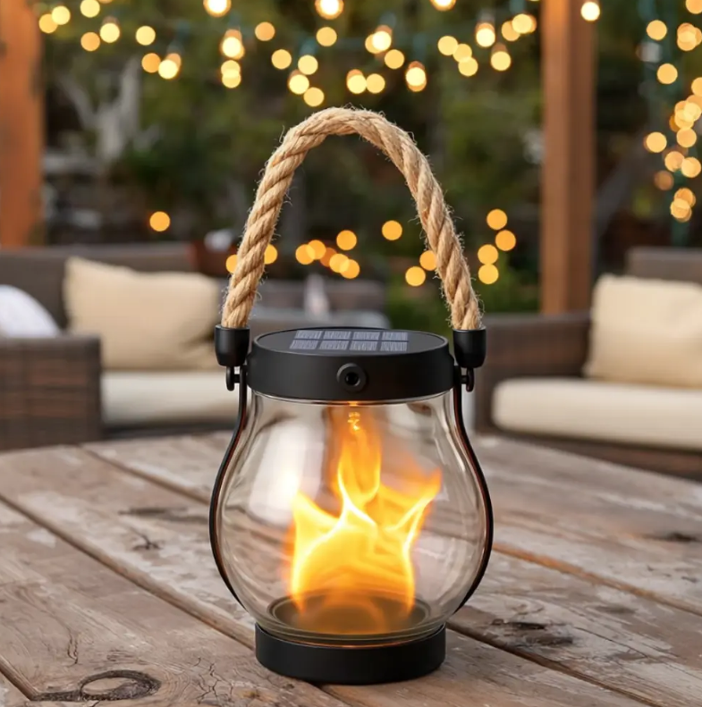 Virella Living Fire Seed Solar Flame Light waterproof outdoor lantern with realistic flickering flame effect for garden patio and balcony décor