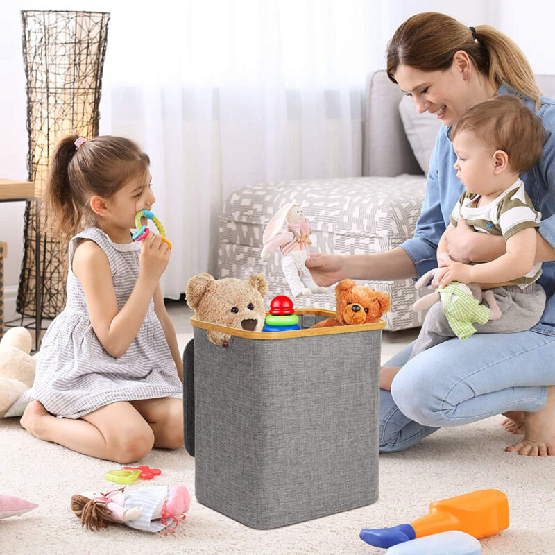Opvouwbare 60L Wasmand Met Deksel & Bamboe Handvatten Voor Een Opgeruimd Huis