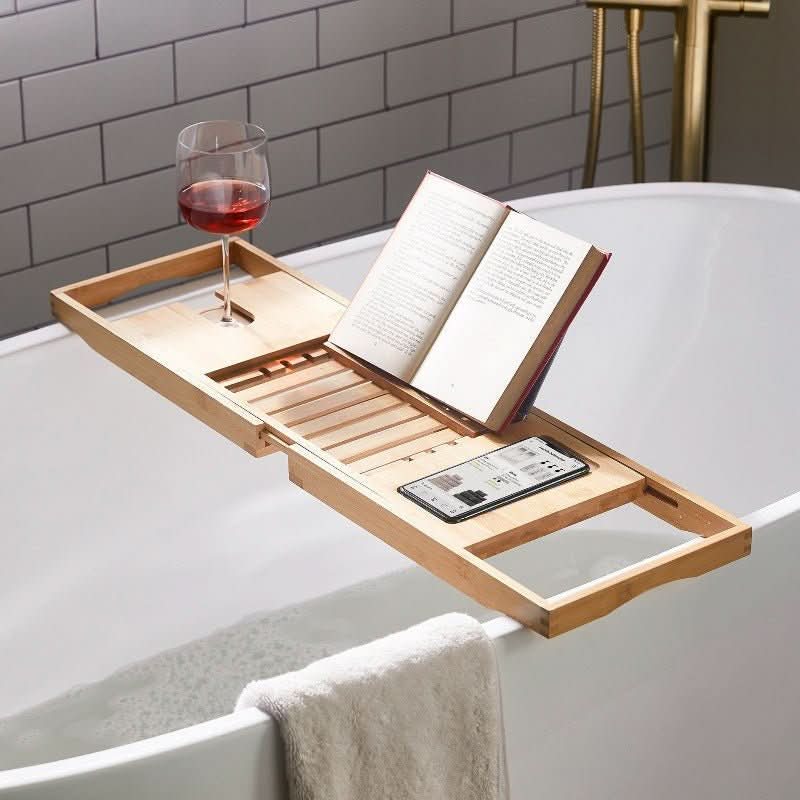 Uitschuifbaar Bamboe Badplankje Met Glas- & Boekenhouder Voor Een Luxe Spa-Ervaring Thuis