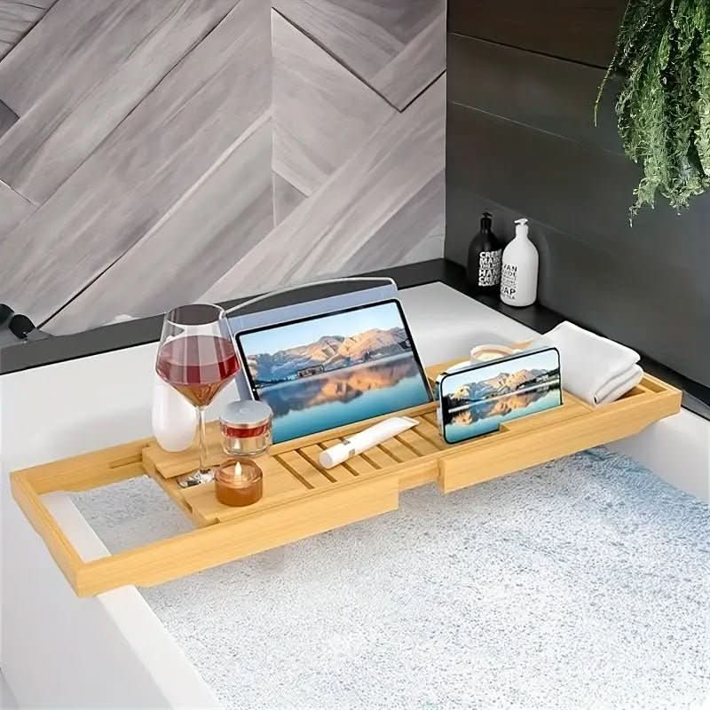 Uitschuifbaar Bamboe Badplankje Met Glas- & Boekenhouder Voor Een Luxe Spa-Ervaring Thuis