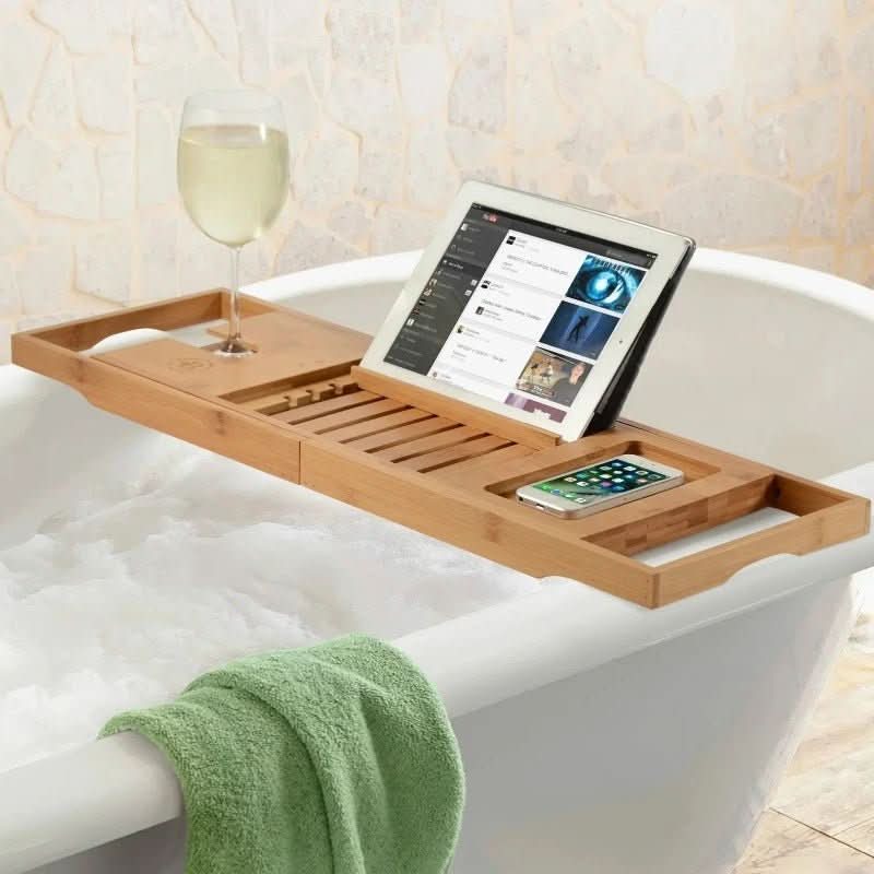 Uitschuifbaar Bamboe Badplankje Met Glas- & Boekenhouder Voor Een Luxe Spa-Ervaring Thuis