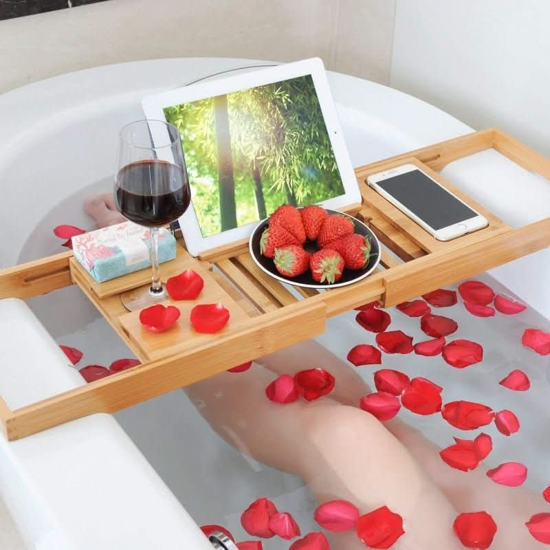 Uitschuifbaar Bamboe Badplankje Met Glas- & Boekenhouder Voor Een Luxe Spa-Ervaring Thuis