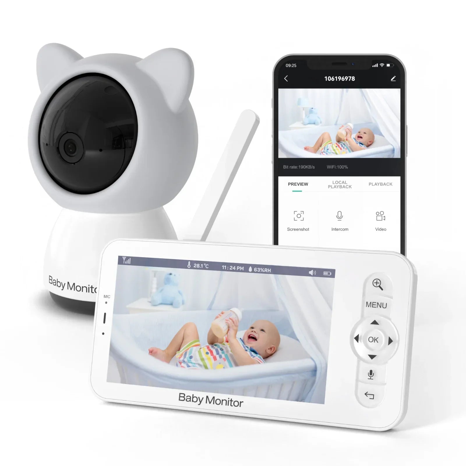 SafeNest Cam - WiFi Babyfoon 5-inch HD – Dual Screen, Nachtzicht, Intercom en Slaadliedjes