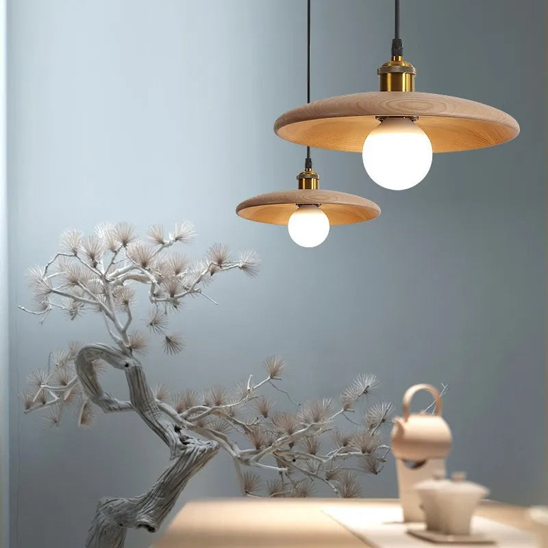 Moderne Houten Hanglamp met Glaskunst Design | Scandinavische LED Plafondlamp