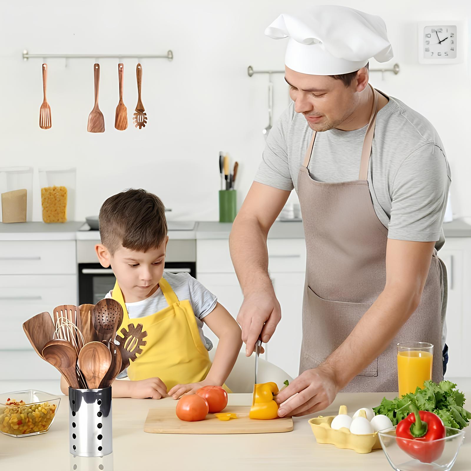 11-Delige Teak Houten Keukengerei Set Met Houder Voor Natuurlijk & Stijlvol Koken