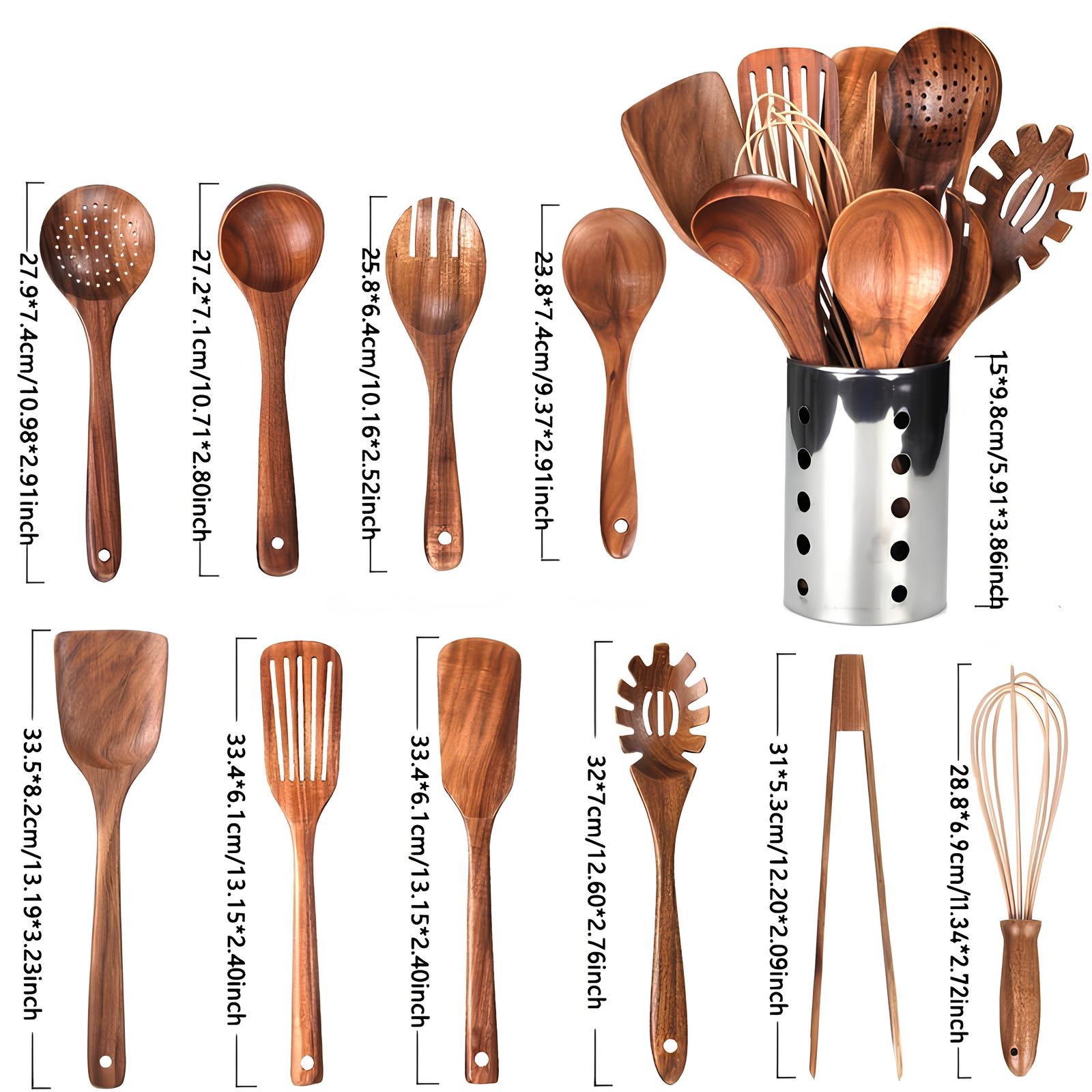 11-Delige Teak Houten Keukengerei Set Met Houder Voor Natuurlijk & Stijlvol Koken