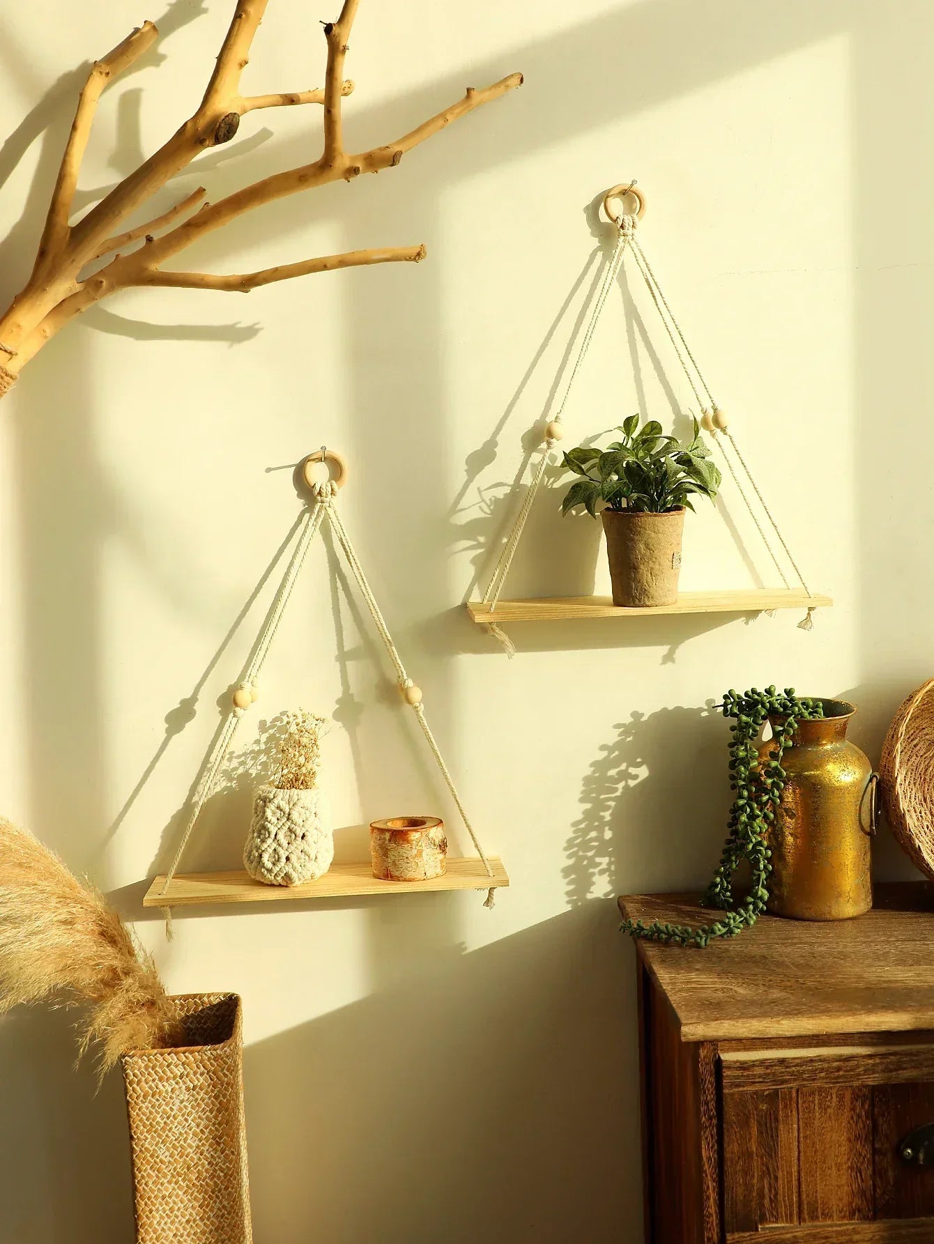 Boho Wandplank – Houten Wandplank Met Hanggreep Voor Warme & Stijlvolle Wanddecoratie
