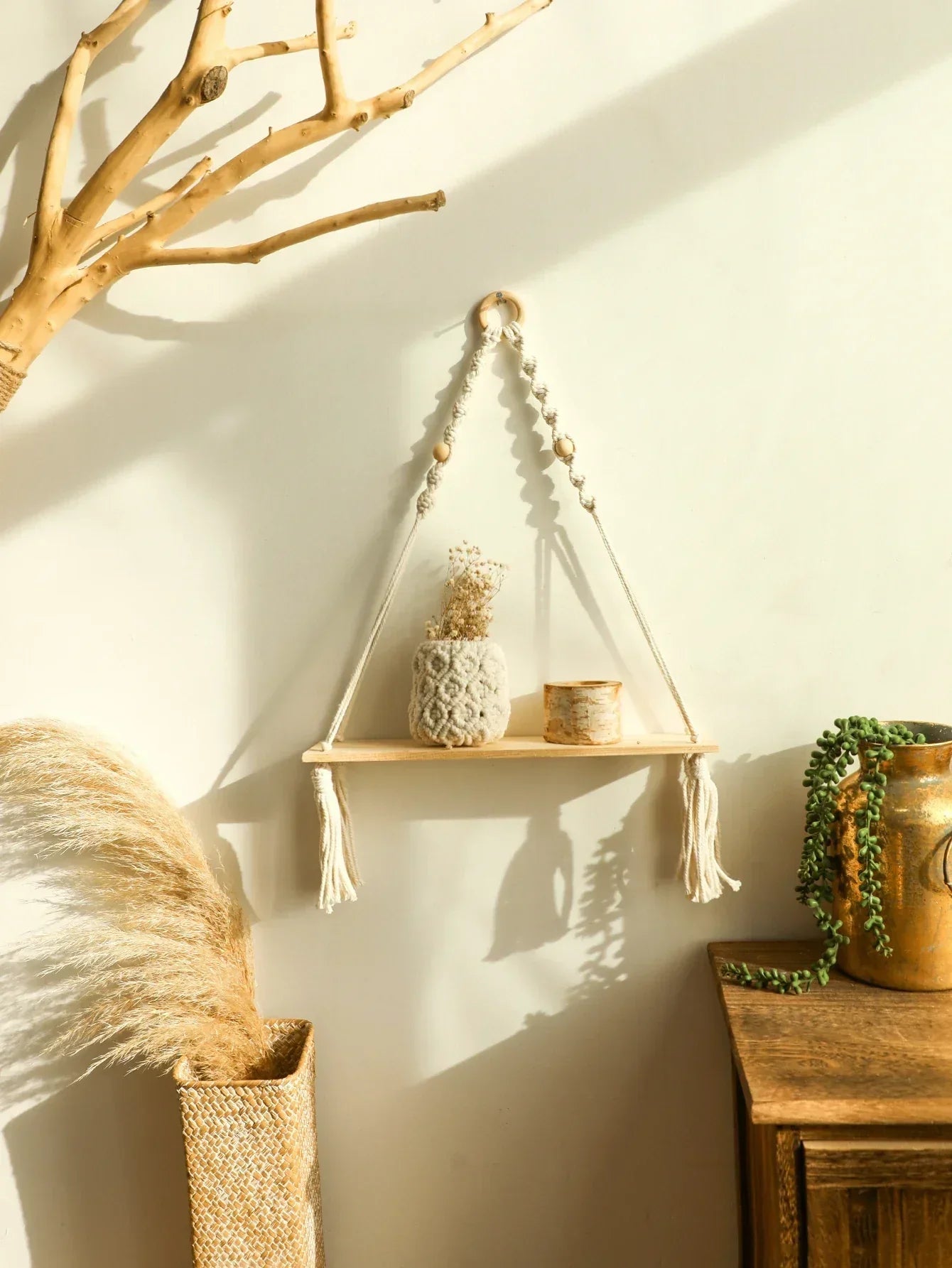 Boho Wandplank – Houten Wandplank Met Hanggreep Voor Warme & Stijlvolle Wanddecoratie