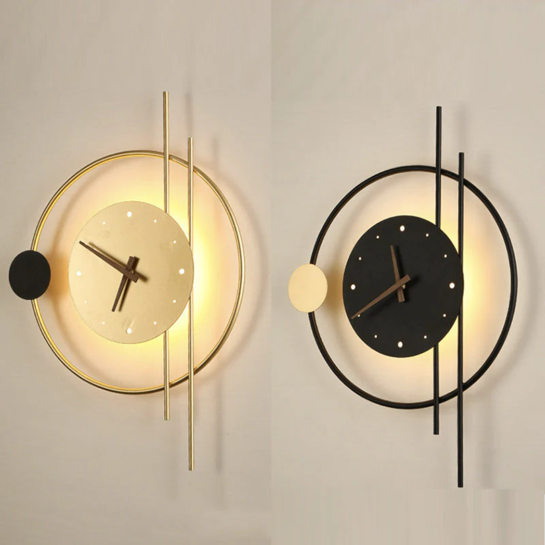 Moderne LED Wandklok met Warm Wit Licht in Zwart-Goud Design