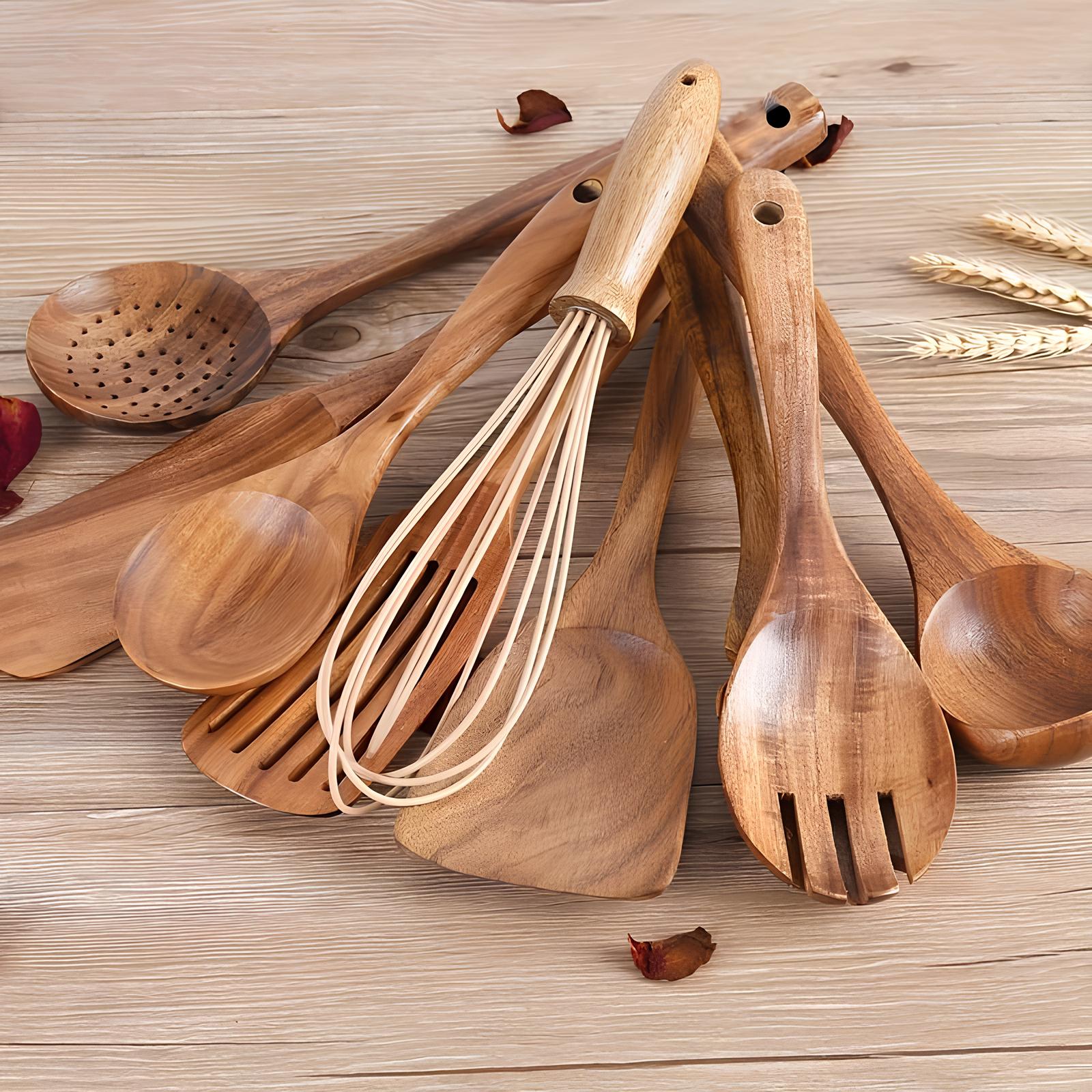 11-Delige Teak Houten Keukengerei Set Met Houder Voor Natuurlijk & Stijlvol Koken