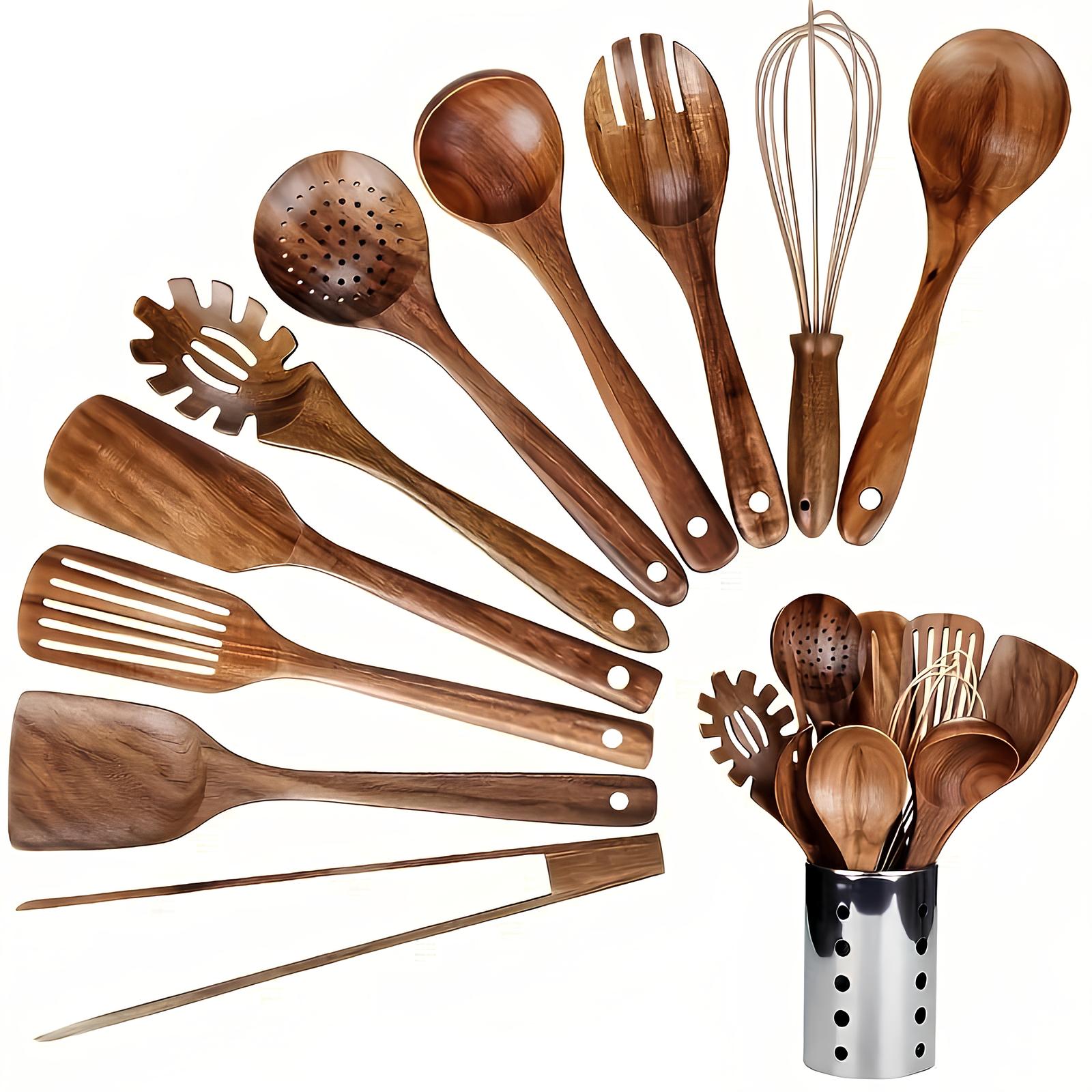 11-Delige Teak Houten Keukengerei Set Met Houder Voor Natuurlijk & Stijlvol Koken