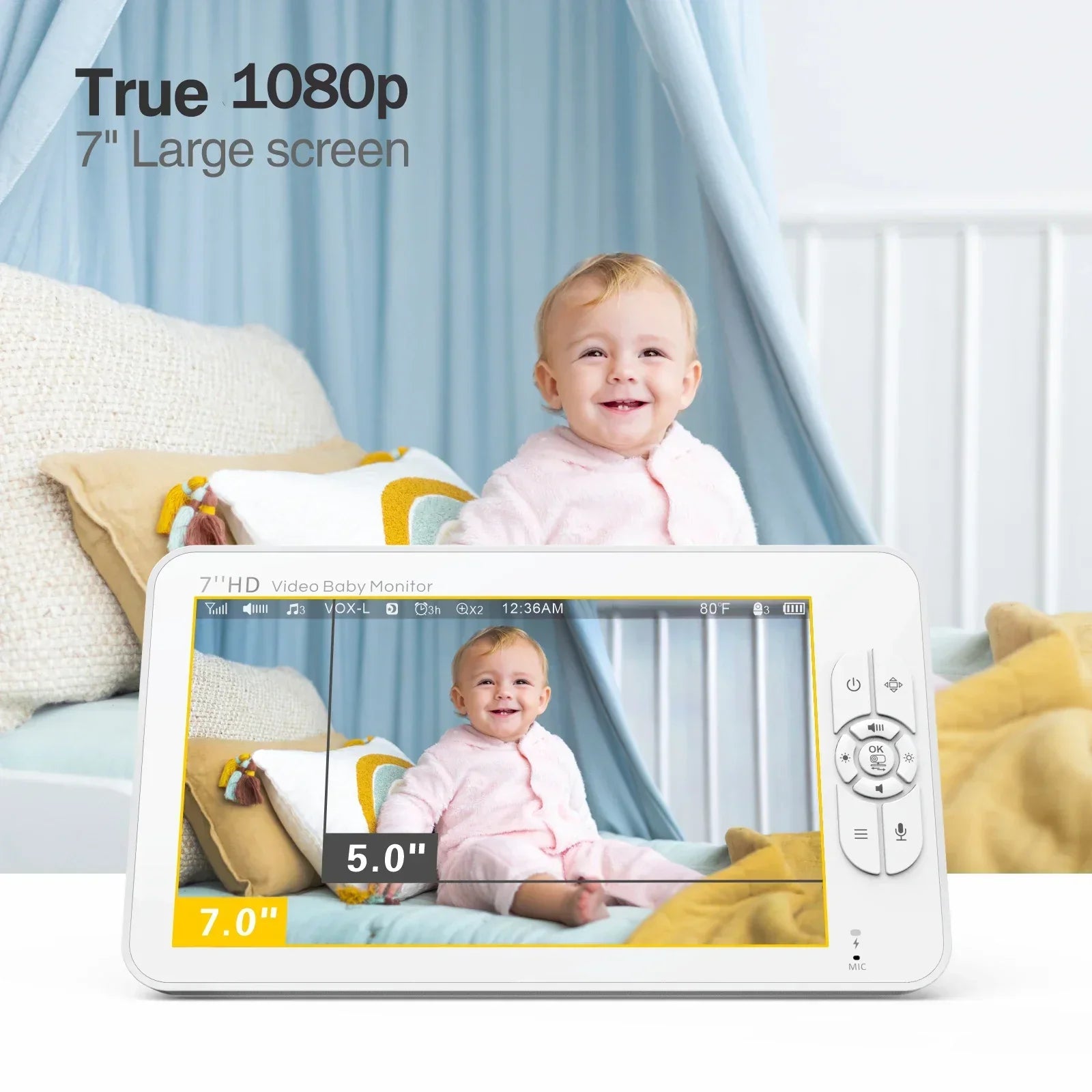 MaxiView Baby - Video Babyfoon 7-inch HD 1080P – Nachtzicht, Zoomfunctie en Temperatuurmonitor