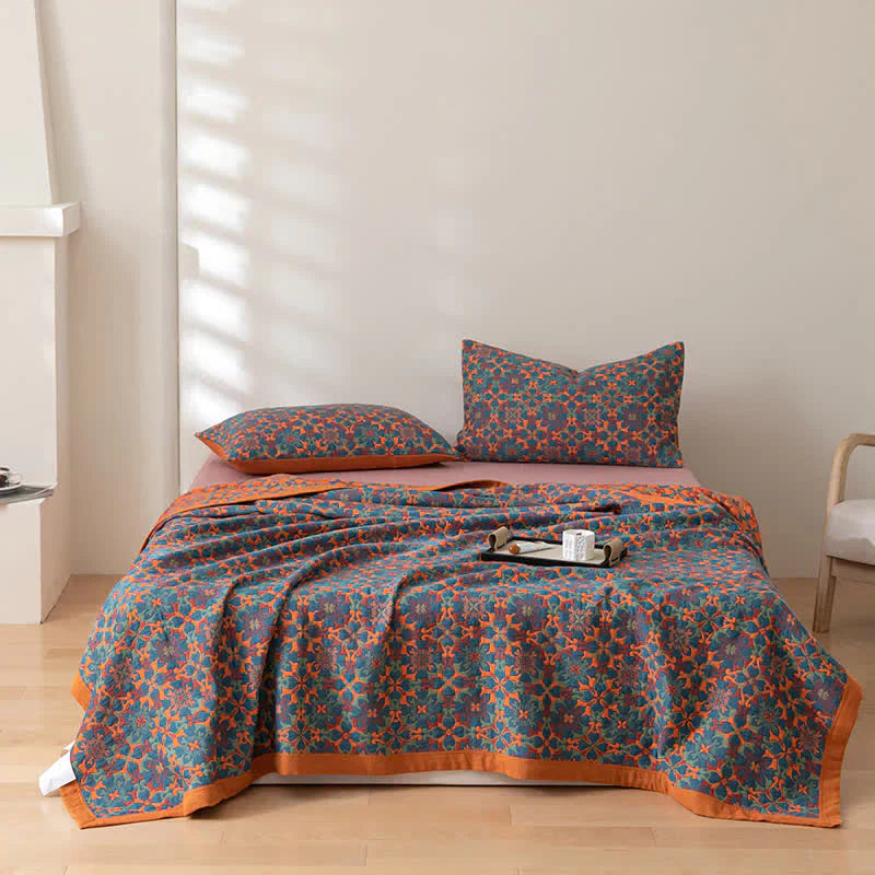 Herfstachtige Deken met Oranje en Blauw Patroon - Zeslaags Katoen