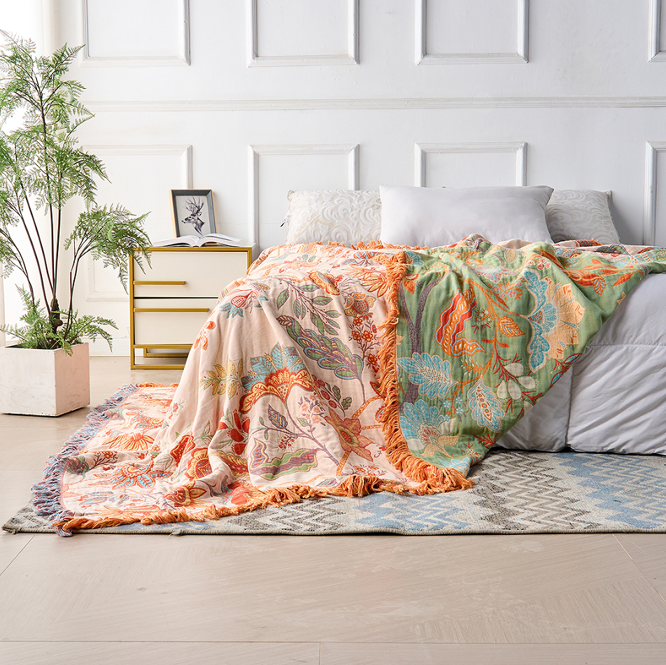 Boho Katoenen Deken Met Bloemenprint Voor Bank Of Bed