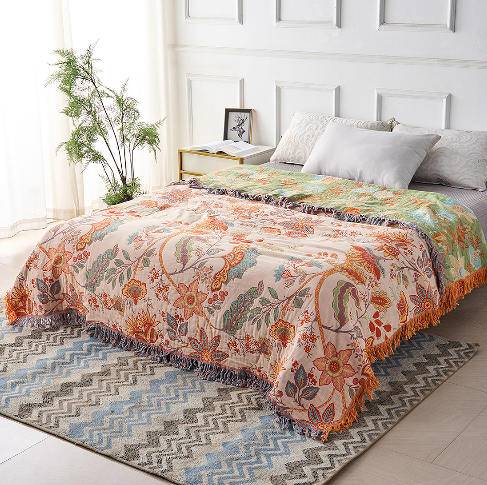 Boho Katoenen Deken Met Bloemenprint Voor Bank Of Bed