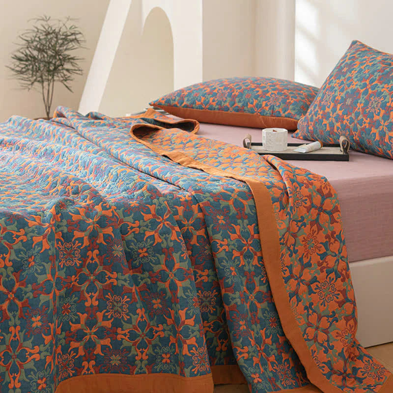 Herfstachtige Deken met Oranje en Blauw Patroon - Zeslaags Katoen