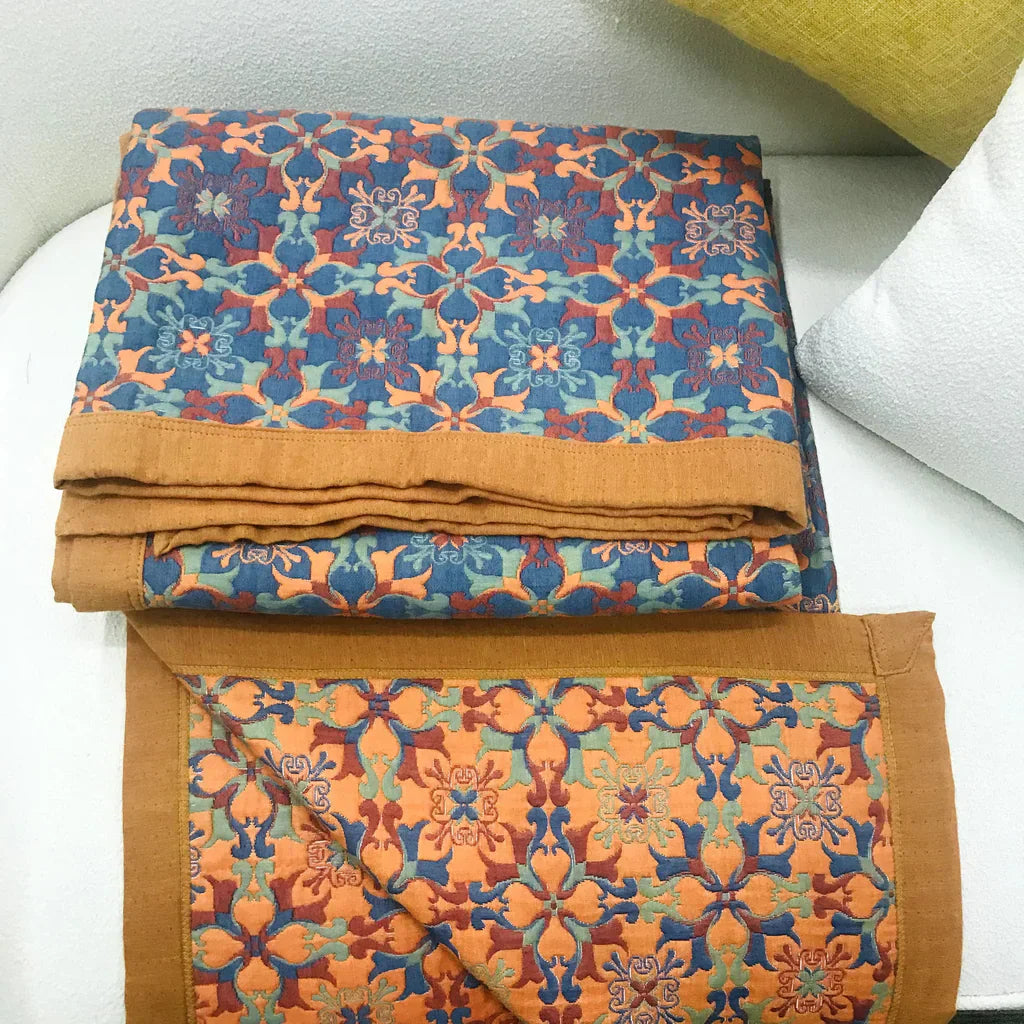 Herfstachtige Deken met Oranje en Blauw Patroon - Zeslaags Katoen