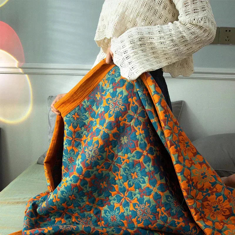 Herfstachtige Deken met Oranje en Blauw Patroon - Zeslaags Katoen