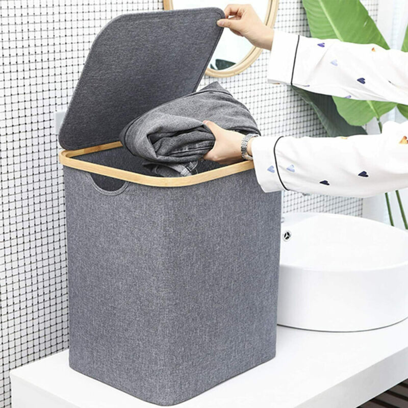 Opvouwbare 60L Wasmand Met Deksel & Bamboe Handvatten Voor Een Opgeruimd Huis