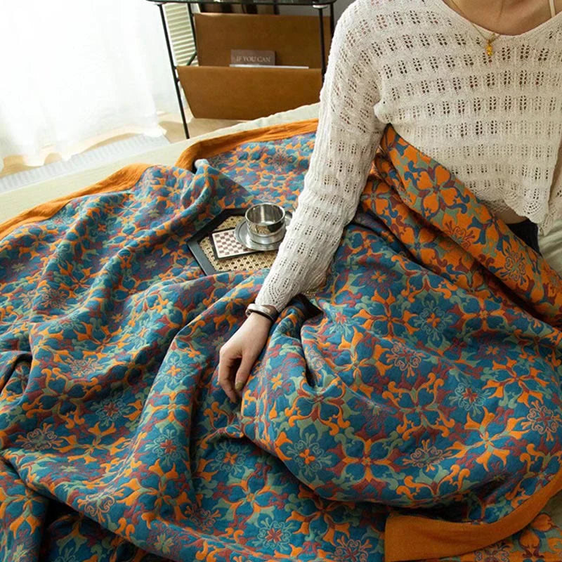 Herfstachtige Deken met Oranje en Blauw Patroon - Zeslaags Katoen