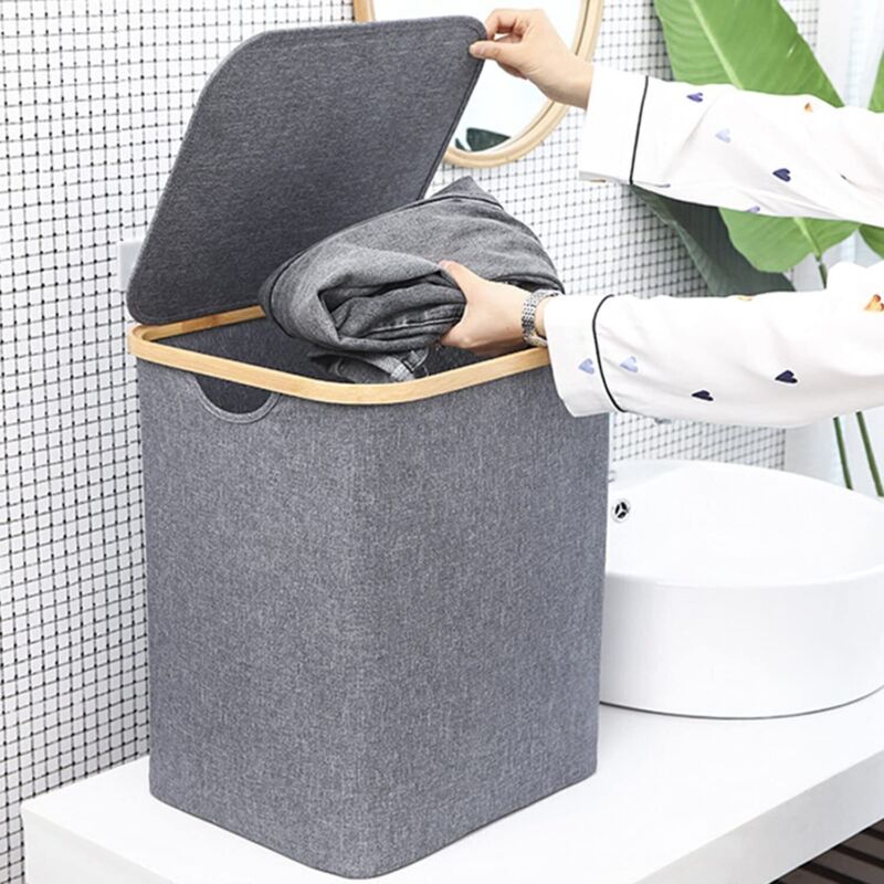 Opvouwbare 60L Wasmand Met Deksel & Bamboe Handvatten Voor Een Opgeruimd Huis