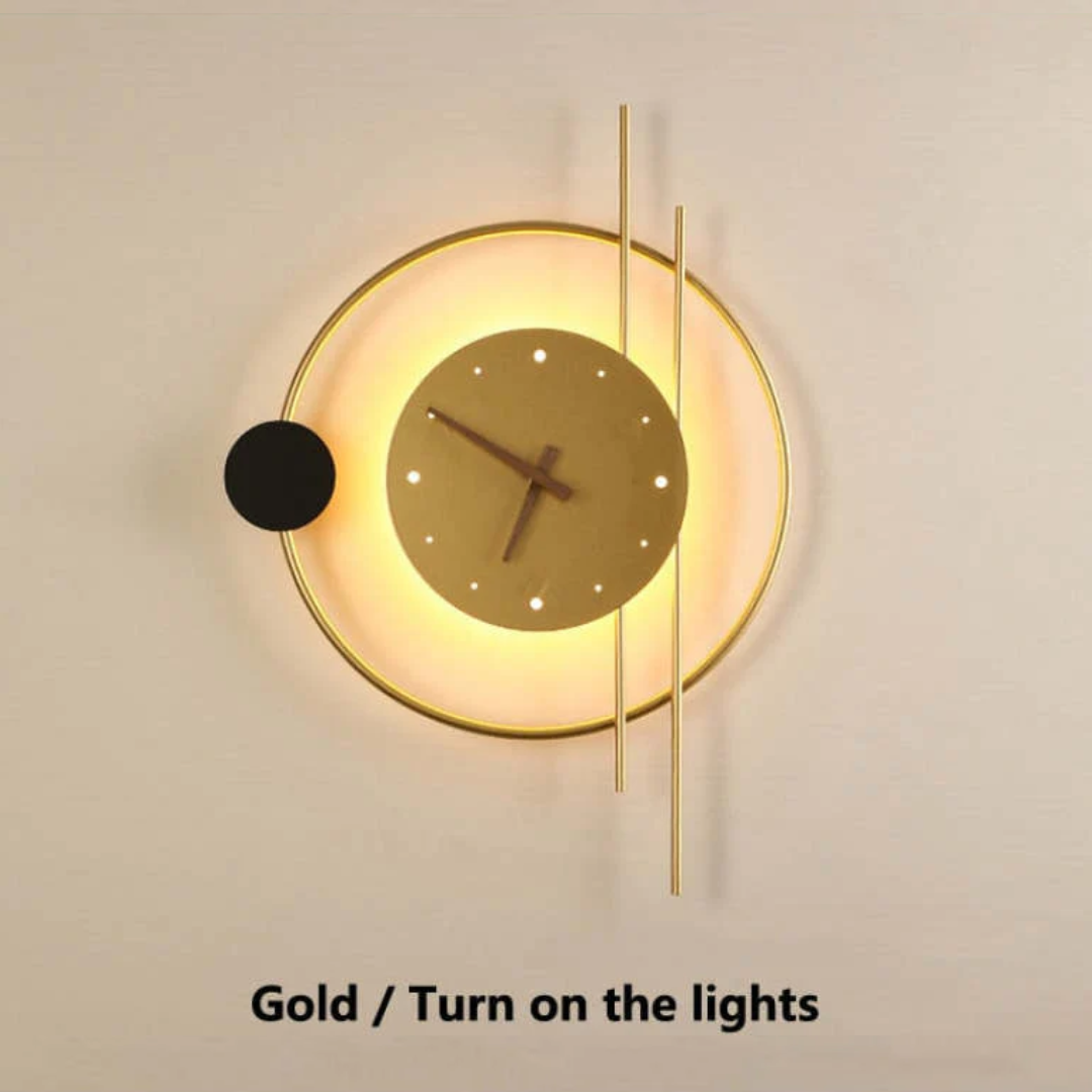 Moderne LED Wandklok met Warm Wit Licht in Zwart-Goud Design