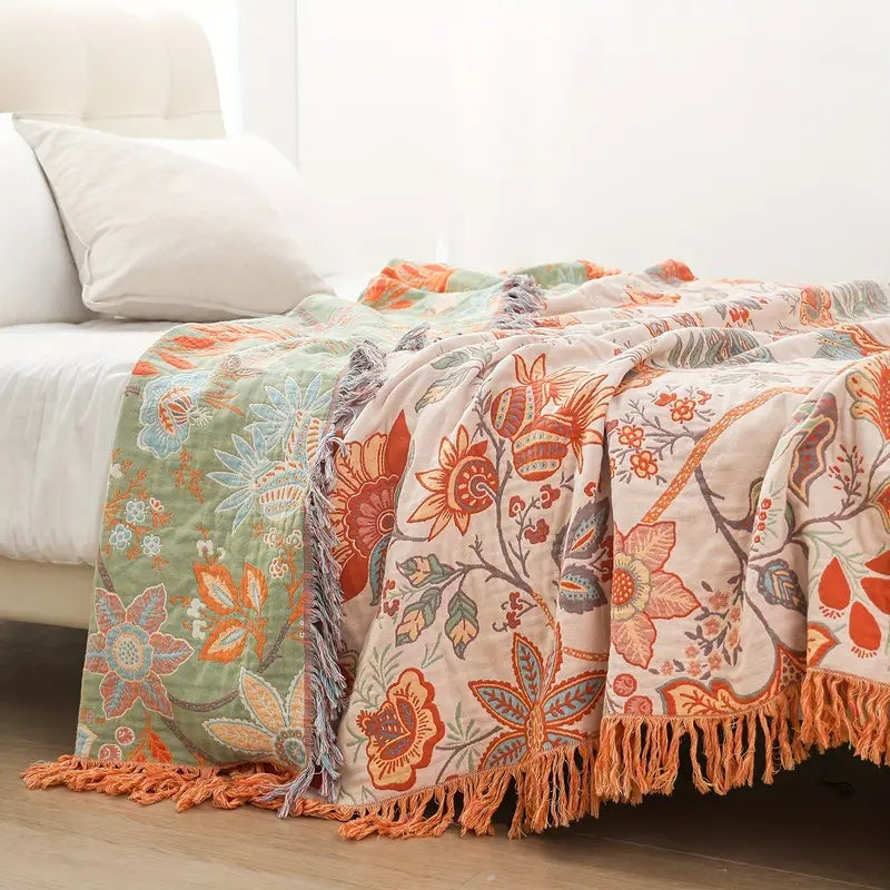 Boho Katoenen Deken Met Bloemenprint Voor Bank Of Bed