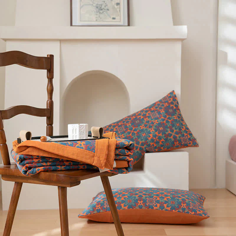 Herfstachtige Deken met Oranje en Blauw Patroon - Zeslaags Katoen