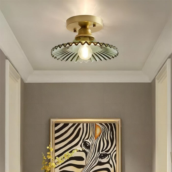 Vintage Geribbelde Plafondlamp - Glazen Plafondlamp Met Bloemmotief