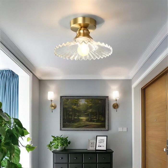 Vintage Geribbelde Plafondlamp - Glazen Plafondlamp Met Bloemmotief