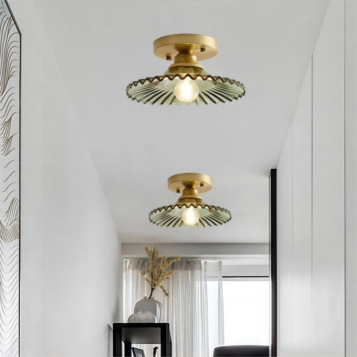 Vintage Geribbelde Plafondlamp - Glazen Plafondlamp Met Bloemmotief