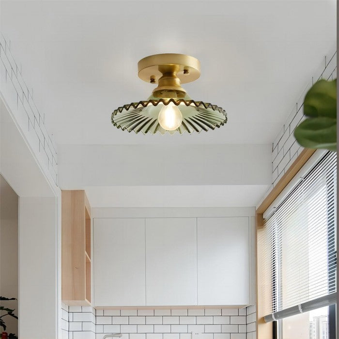 Vintage Geribbelde Plafondlamp - Glazen Plafondlamp Met Bloemmotief