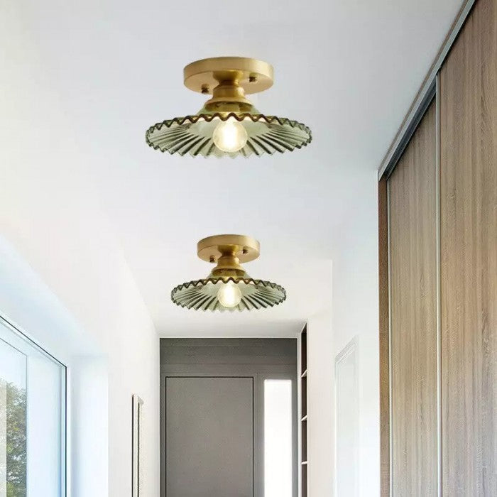 Vintage Geribbelde Plafondlamp - Glazen Plafondlamp Met Bloemmotief