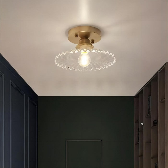 Vintage Geribbelde Plafondlamp - Glazen Plafondlamp Met Bloemmotief